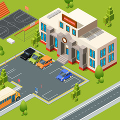 Sticker - Exterior of school. Territory of institute or high school with stadium. Isometric building school and college, education territory. Vector illustration