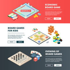 Poster - Banners of board games. Vector horizontal banners with various concept pictures of board games. Competition evening board game for group illustration