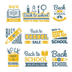 Wall Mural - Back to school labels set. Vector monochrome badges isolate. Back to school learning study, insignia emblem sale illustration