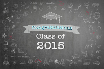 Wall Mural - Graduation congratulations class of 2015 greeting announcement for educational congrats card with student’s cap doodle on school black teacher’s chalkboard background