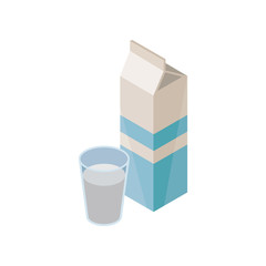 Poster - Cardboard package and glass of natural milk for breakfast. Healthy beverage. Isometric vector element for advertising poster