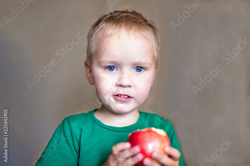 Little Cute Caucasian Boy With Blue Eyes And Blonde Hair In Green