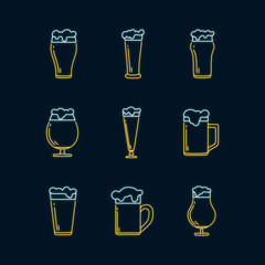 Glowing neon icon set with pint glasses, mugs with foam for night beer bar background. Led luminous sign for pub signboard. Vector isolated illustration.