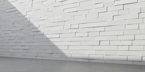 Abstract of empty white architecture space with the sun light cast shadow on the random rhythm of tilt  block,3D rendering.