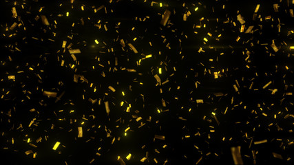 Wall Mural - golden confetti fall on black background. party shiny rain. grainy abstract texture design element. 