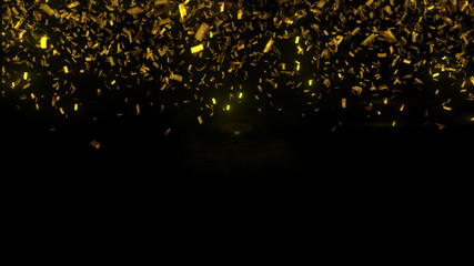 Wall Mural - golden confetti fall on black background. party shiny rain. grainy abstract texture design element. 