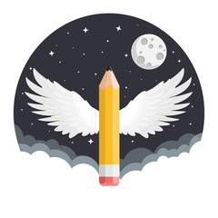 Wall Mural - Bleistift mit weißen Flügeln fliegt zum Mond Flat Design Icon Symbol für Bildung 