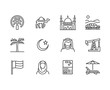 UAE flat line icons. Arab emirates flag, Dubai , islam mosque, desert offroad car, muslim people, camel, oil vector illustrations. Thin signs for travel agency. Pixel perfect 64x64.