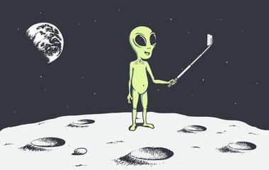 Wall Mural - alien make selfie on the moon.space theme.vector illustration