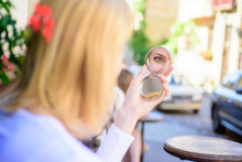 Check If Everything Is Right. Woman Looking In Her Pocket Mirror Selective Focus Defocused Background. Beauty Treatment And Skin Care Concept. Reflexion Girl Looking In Mirror Check Her Appearance