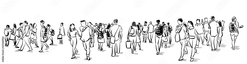 crowd group of people walking freehand ink sketch panorama view isolated on white background - obrazy, fototapety, plakaty 