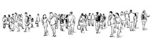 Crowd Group Of People Walking Freehand Ink Sketch Panorama View Isolated On White Background