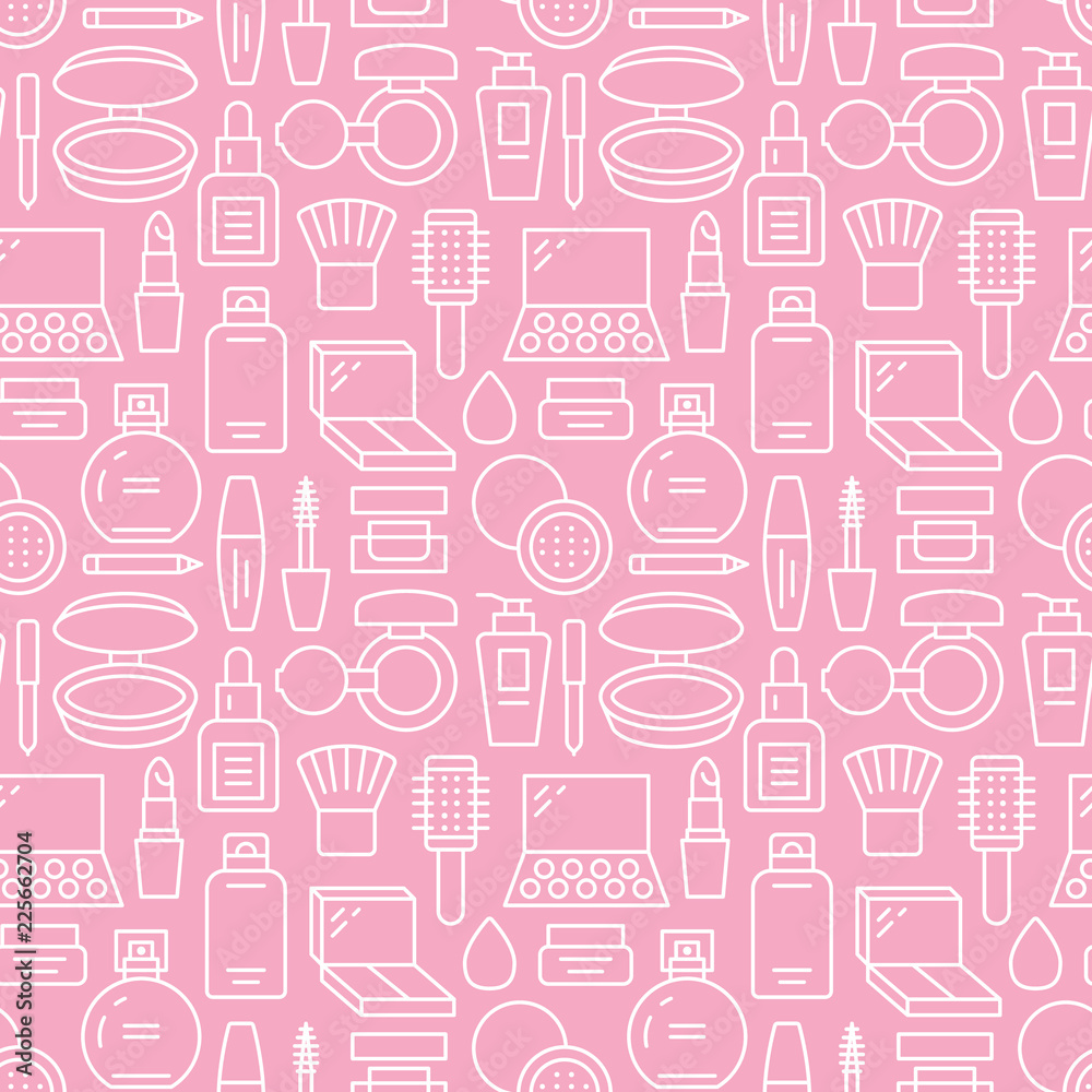Makeup beauty care pink white seamless pattern with flat line icons.  Cosmetics illustrations of lipstick, mascara, eyeshadows, foundation nail  polish. Cute repeated wallpaper signs make up store. Stock Vector | Adobe  Stock, image size:1000x1000