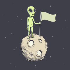 Wall Mural - alien with flag stands on moon.hand drawn vector illustration