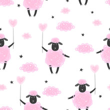 Seamless Pattern With Cute Pink Sheep And Clouds.