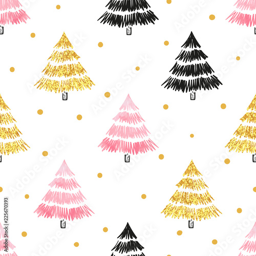 Christmas tree seamless pattern in black, golden and pink  colors.