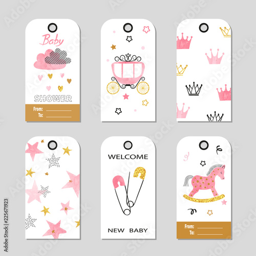 Baby Shower girl vector set in pink and golden colors. Gift tags.