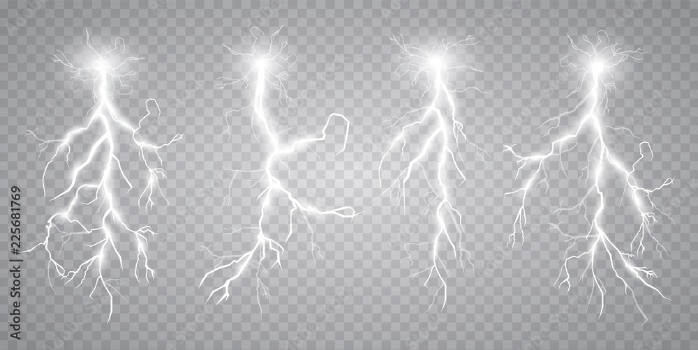 Vector illustration. Transparent light effect of electric lightning. The indomitable power of natural energy. - obrazy, fototapety, plakaty 