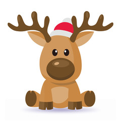 Wall Mural - Cartoon Christmas deer vector in red hat