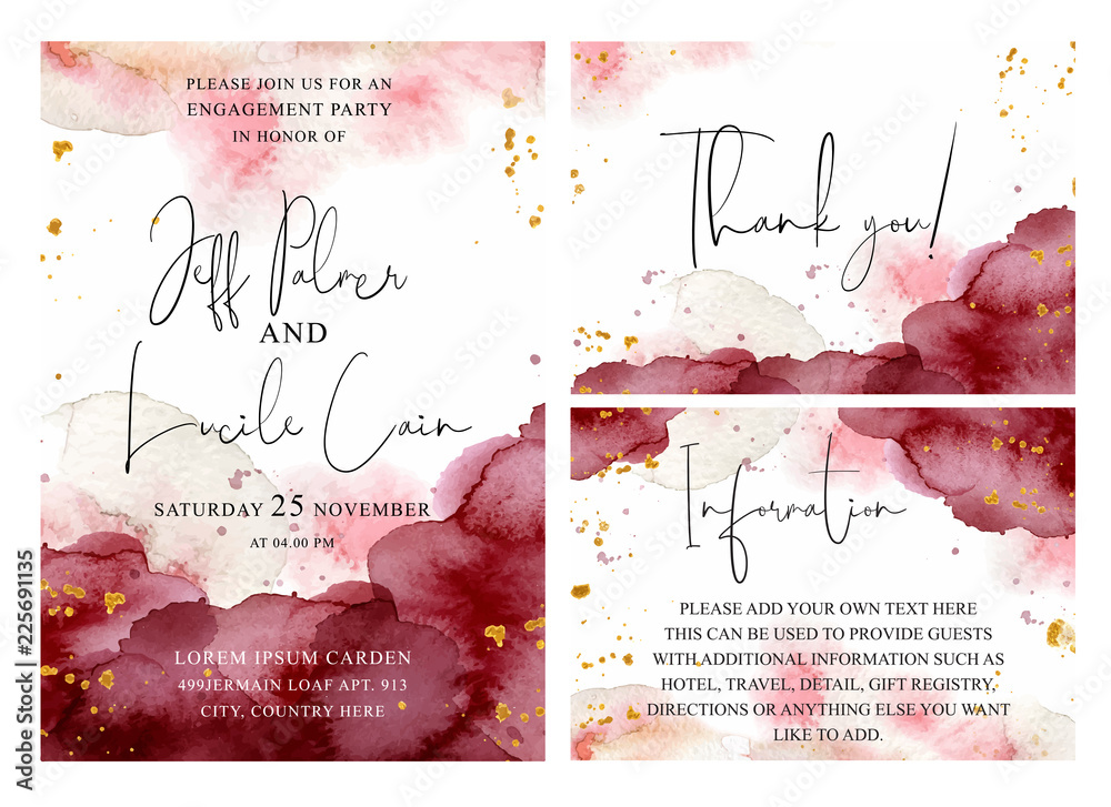 Burgundy, pink and gold wedding set with  hand drawn watercolor background. Includes Invintation, information and thank you cards templates. Vector - obrazy, fototapety, plakaty 