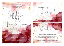 Burgundy, Pink And Gold Wedding Set With  Hand Drawn Watercolor Background. Includes Invintation, Information And Thank You Cards Templates. Vector