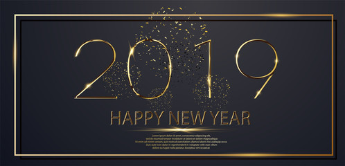 Aufkleber - golden Happy new year 2019 in square label with burst glitter on black color background