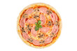 © danilsneg - Pizza with ham and mushrooms on a white background. View from above.