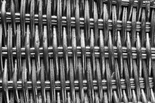 Black And White Close Up Picture Of Silver Painted Wicker Pattern, Selective Focus.