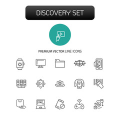 Poster - Discovery icons. Set of line icons. Video content, data exchange, online service. Discovery concept. Vector illustration can be used for topics like digital device, multimedia, apps.