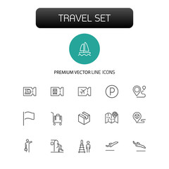 Wall Mural - Travel icons. Set of line icons. Luggage, destination, tourist. Trip concept. Vector illustration can be used for topics like tourism, transportation, vacation