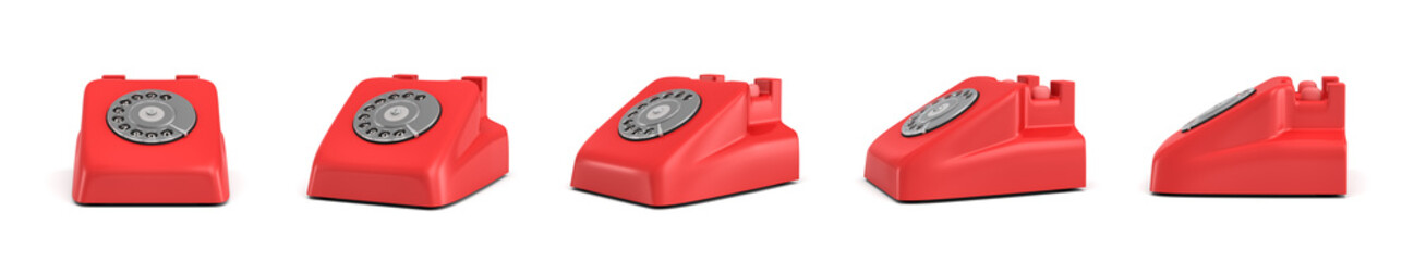Wall Mural - 3d rendering of five isolated red retro rotary phones without receivers standing in different angles
