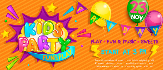 Wide Super Banner for kids party in cartoon style.