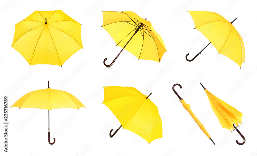 Set with elegant yellow umbrella from different views on white background - obrazy, fototapety, plakaty 