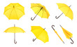 Set with elegant yellow umbrella from different views on white background