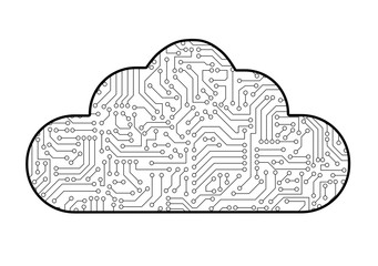 Poster - Cloud computing computer technology icon with circuit board pattern texture isolated on white. High-tech background in digital data concept. Abstract illustration.