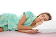 © New Africa - Beautiful teen girl sleeping with comfortable pillow on bed against white background