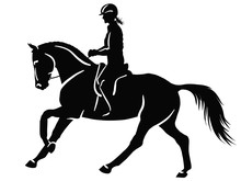 A vector silhouette of a girl riding on a horse.