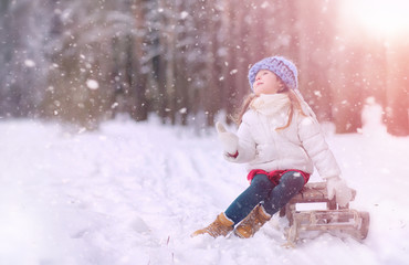 A winter fairy tale, a young mother and her daughter ride a sled