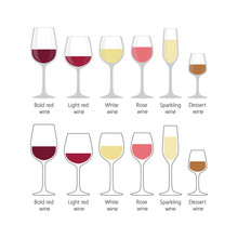 Types Of Wine Glasses Set. Colorful Full Wine Glasses For Light Red, Bold Red, White, Sparkling Wine On White Background.