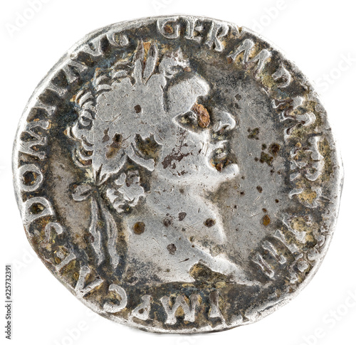Fotografie, Obraz Ancient Roman silver denarius coin of Emperor Domitian. Obverse.
