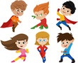 Set of kids wearing superhero costumes with different pose.
