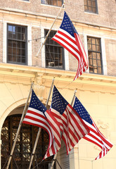 Wall Mural - US flags on a building in New York, USA