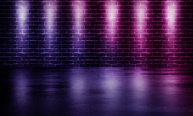 Background of empty room with brick wall and concrete floor. Smoke, fog, neon light