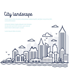 Wall Mural - City landscape template. Thin line City landscape. Downtown landscape with high skyscrapers. Panorama architecture Goverment buildings Isolated outline illustration. Urban life