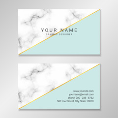 Vector modern business card. Business card design with marble and pale mint geometric shapes and faux gold foil diagonal stripe.