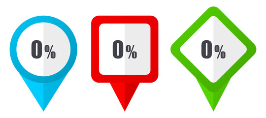 Aufkleber - 0 percent red, blue and green vector pointers icons. Set of colorful location markers isolated on white background easy to edit.