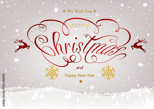 Red Christmas Calligraphic Inscription with Winter Background and Snowy Lands...