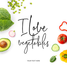 Creative Layout Made Of  Quote "I Love Vegetables". Food Concept. Tomato, Cucumber, Pepper, Radish, Cabbage And Green Peas On The White Background.