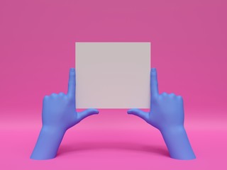 Wall Mural - 3d render, blue hands holding blank card, isolated on pink, abstract fashion background, shop display, mannequin body part, show, presentation