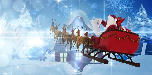 Poster - Composite image of santa claus riding on sled during christmas